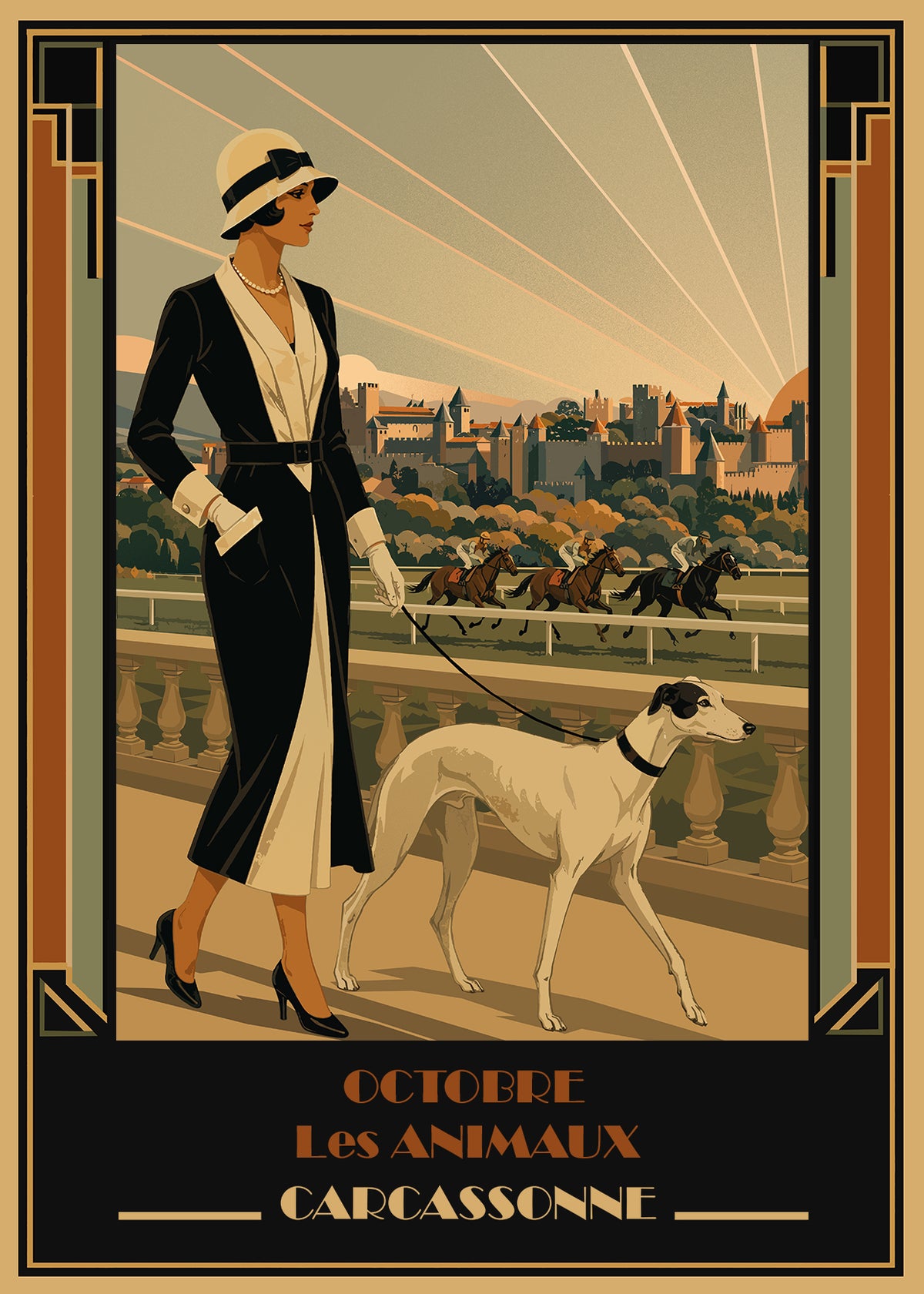 Affiche Carcassonne Art déco Octobre Les Animaux avec élégante des années 1920, lévrier, course hippique et Cité de Carcassonne