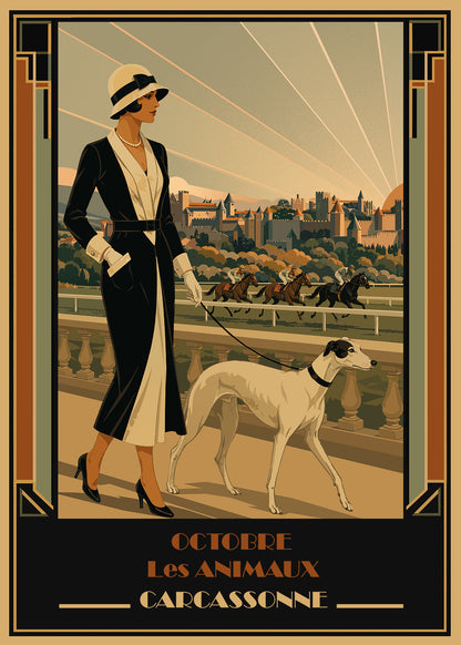 Affiche Carcassonne Art déco Octobre Les Animaux avec élégante des années 1920, lévrier, course hippique et Cité de Carcassonne