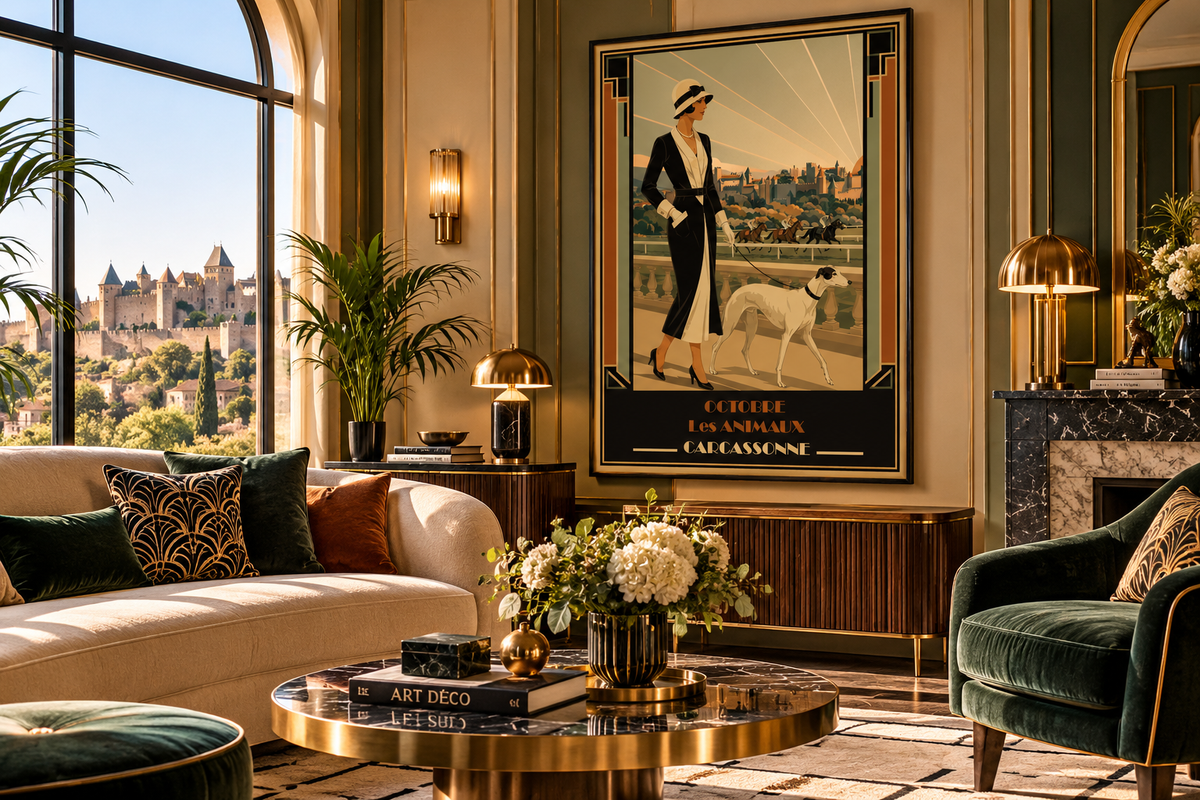 Affiche Octobre Les Animaux Carcassonne encadrée dans un salon Art déco chic, édition limitée numérotée et signée