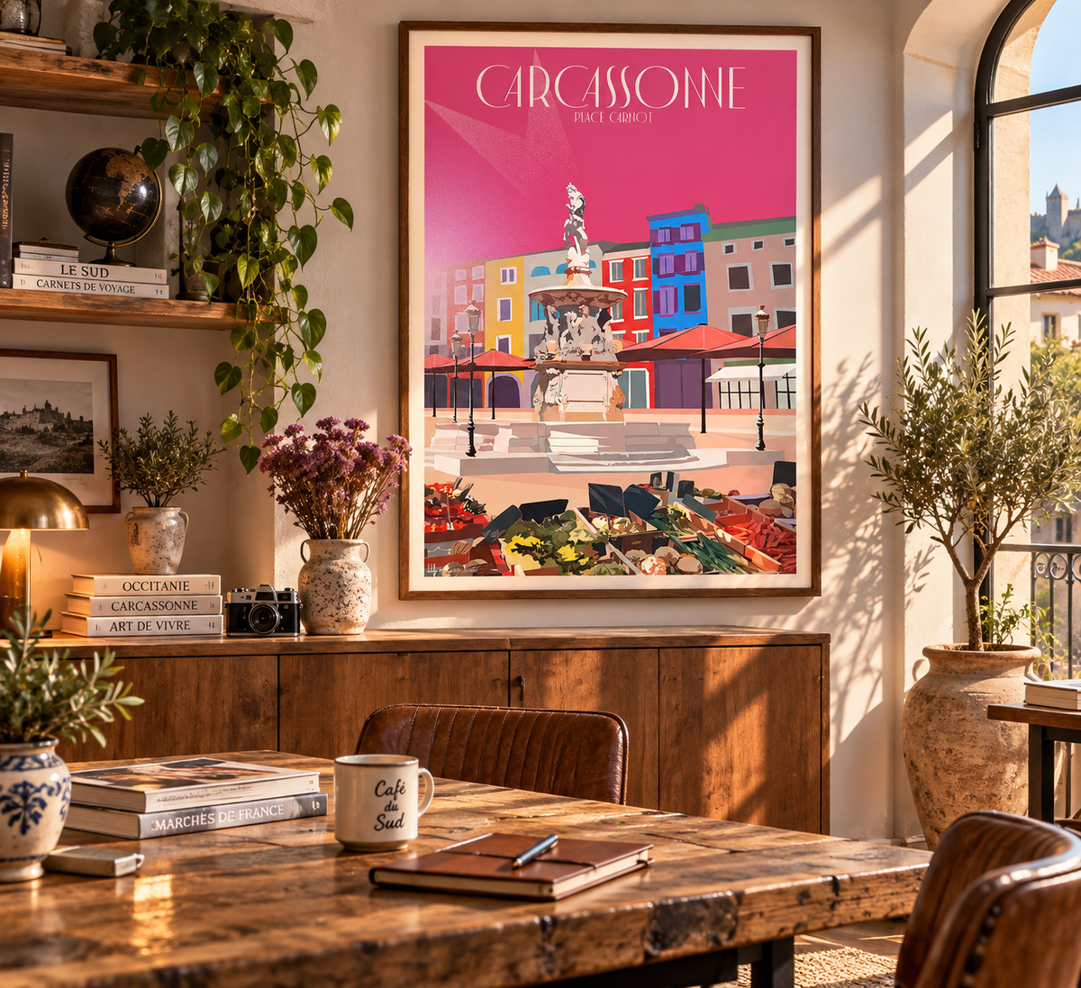 Affiche Carcassonne Place Carnot encadrée dans un intérieur chaleureux – décoration murale vintage Pais Chocolatine