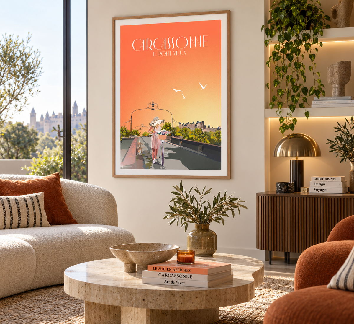 Affiche Carcassonne Pont Vieux encadrée dans un salon design, décoration murale vintage d’Occitanie – Pais Chocolatine
