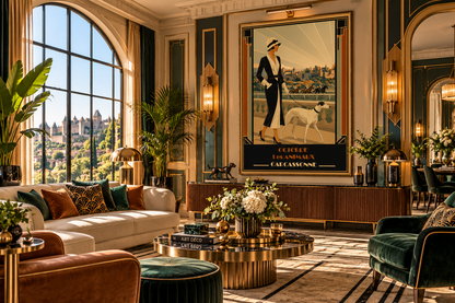 Affiche Carcassonne vintage présentée dans un élégant salon Art déco, création en édition limitée à 50 exemplaires numérotés et signés