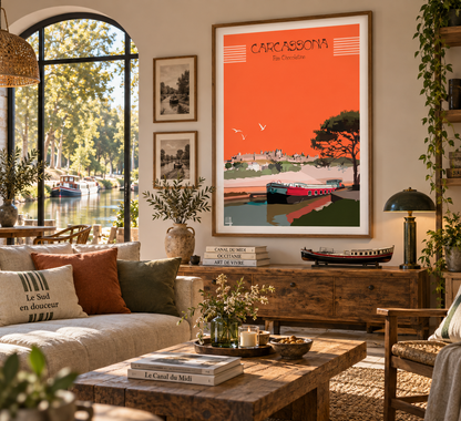 Affiche Carcassonne et Canal du Midi dans un intérieur – décoration murale vintage inspirée de l’Occitanie