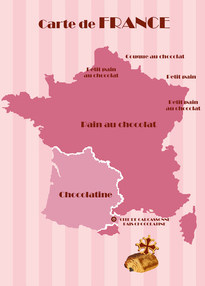 Affiche Carte de France Chocolatine illustrant avec humour les différentes appellations pain au chocolat, petit pain et chocolatine selon les régions