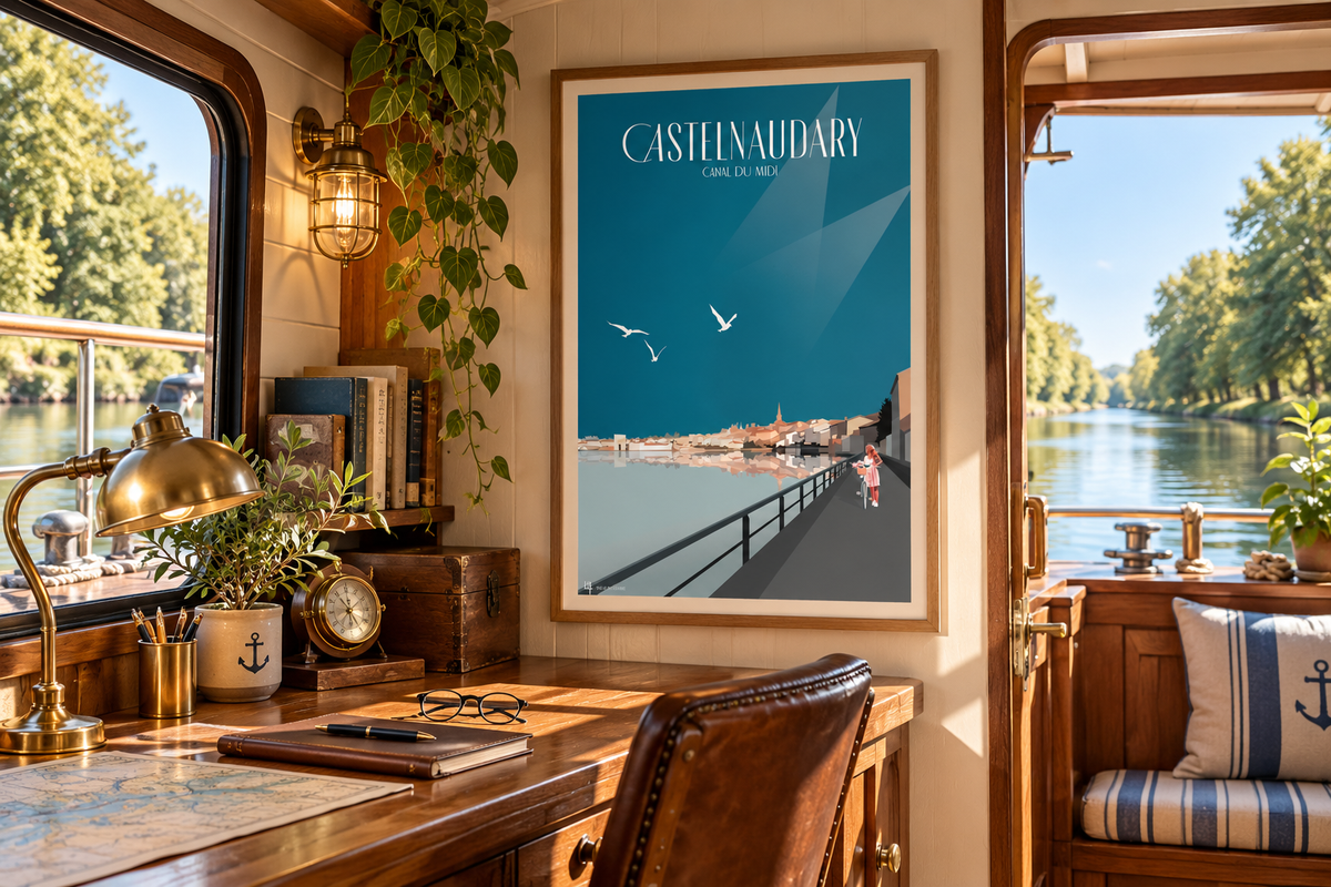 Affiche Castelnaudary Canal du Midi encadrée dans le bureau chaleureux d’une péniche