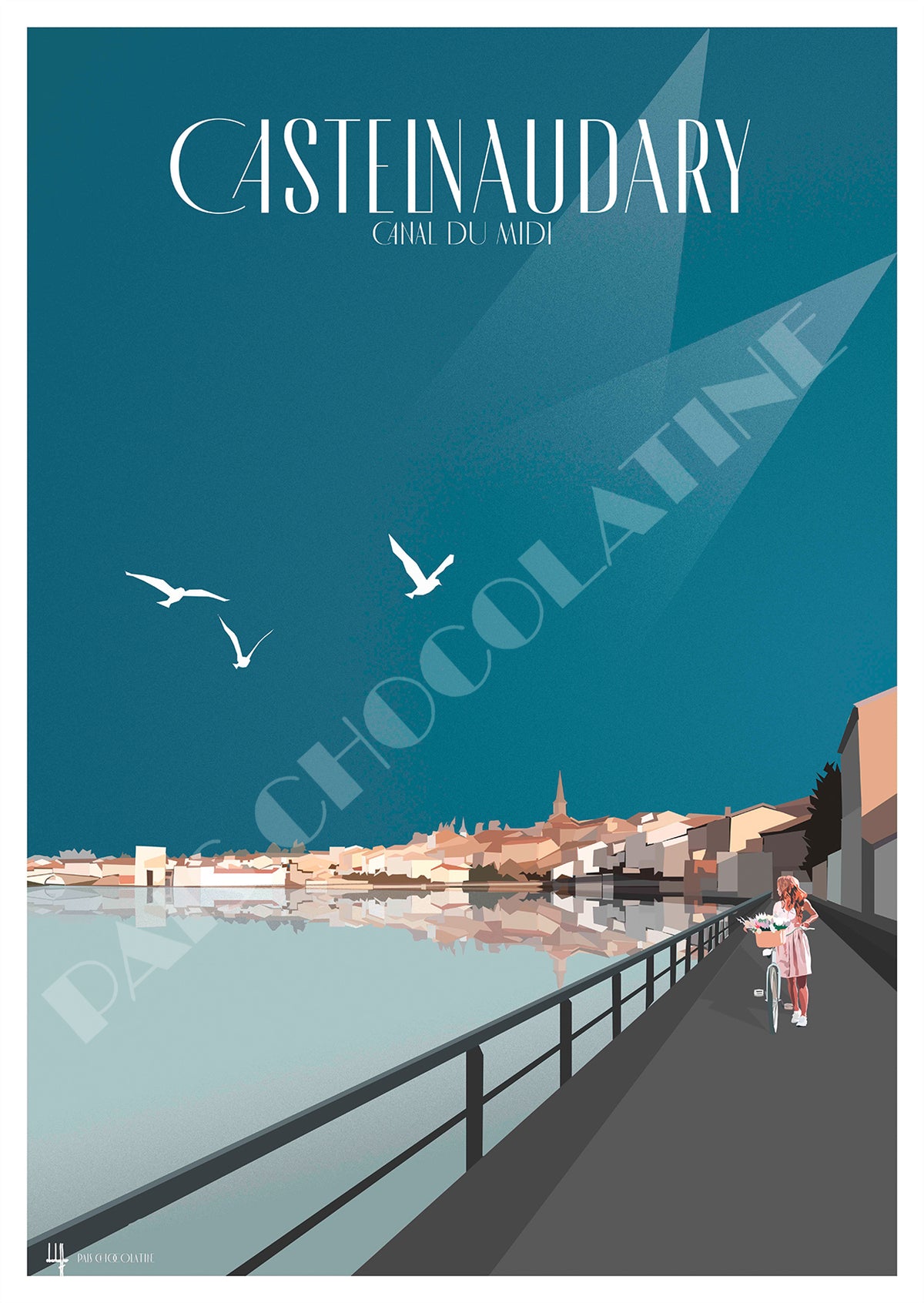 Affiche vintage Castelnaudary Canal du Midi, illustration rétro d’Occitanie au bord de l’eau