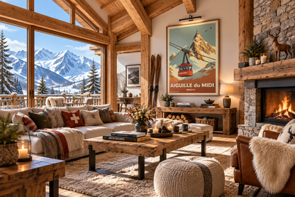 Affiche vintage Aiguille du Midi en situation dans un chalet – poster rétro de Chamonix, montagne et massif du Mont-Blanc, Pais Chocolatine