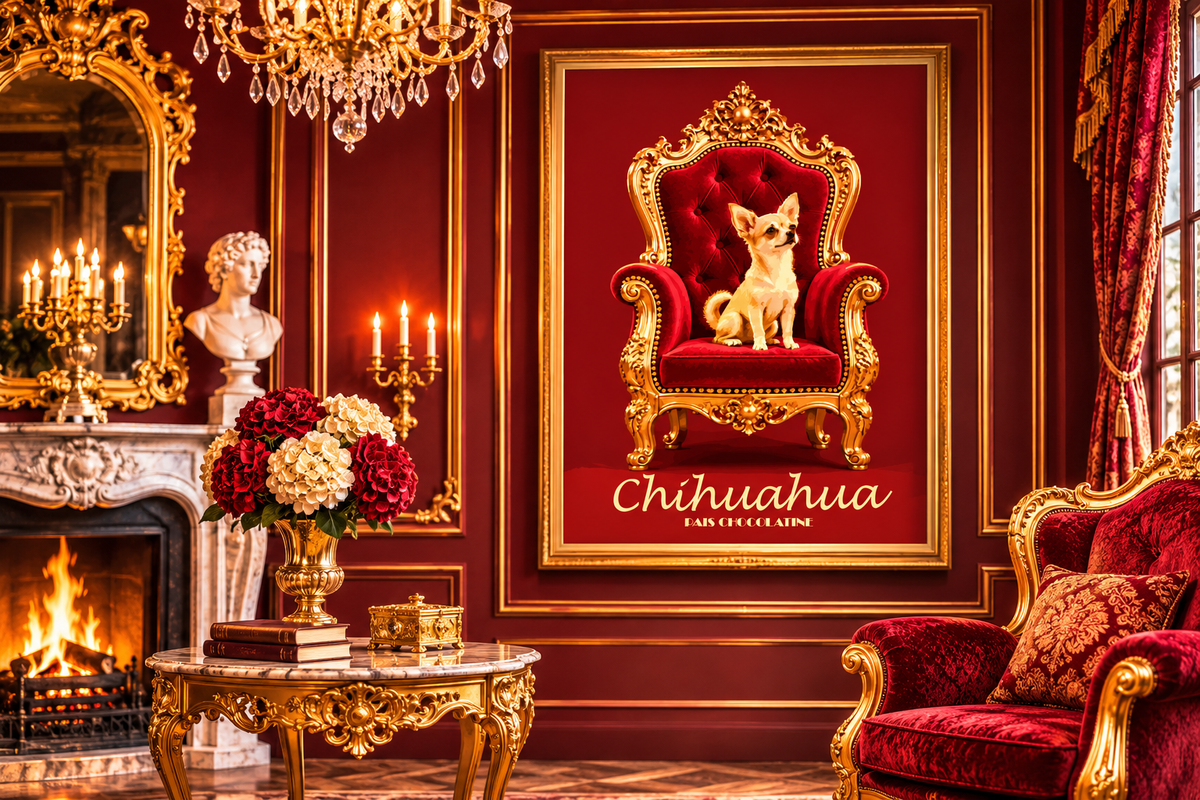 Affiche Chihuahua vintage encadrée dans un intérieur élégant, décoration murale originale représentant un petit chien sur un fauteuil royal.