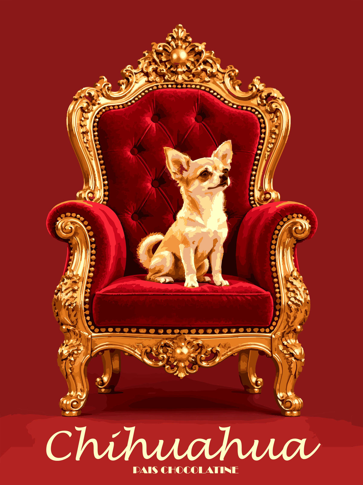 Affiche vintage Chihuahua représentant un petit chien majestueusement installé sur un trône, portrait animalier rétro, création Pais Chocolatine.