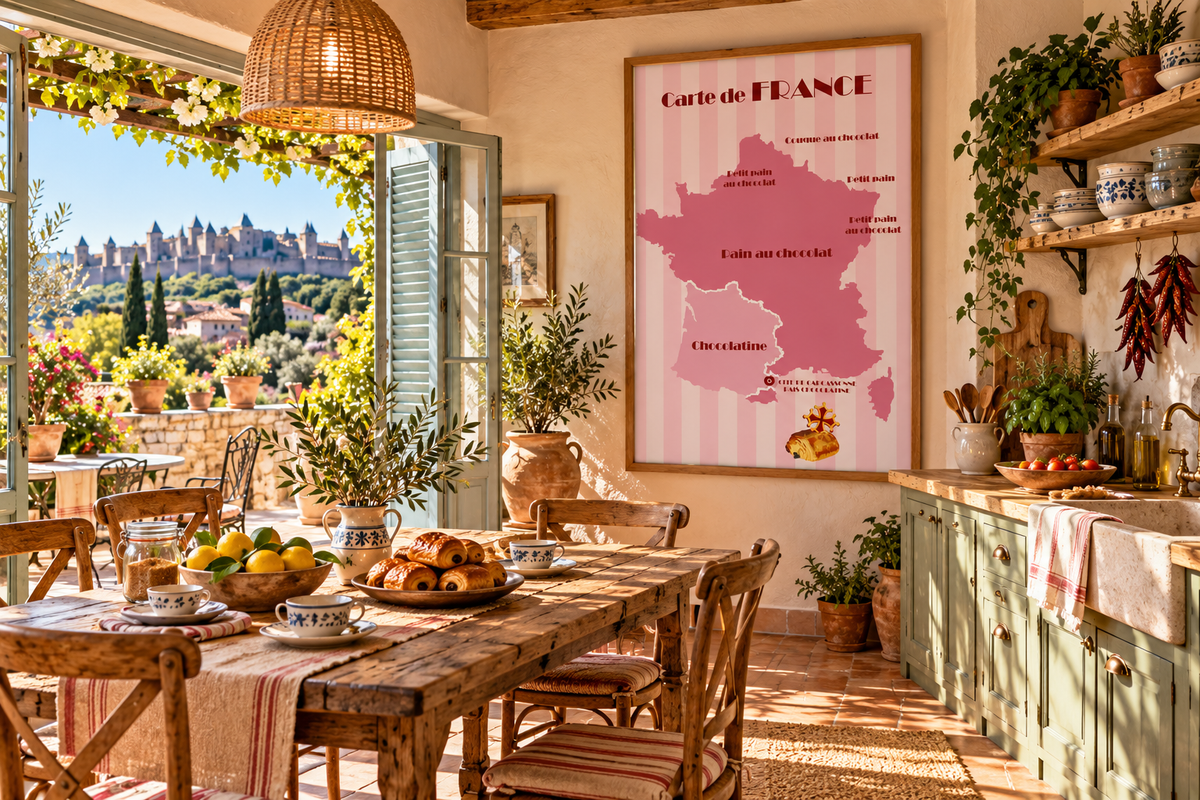 Affiche Chocolatine présentée dans une cuisine ensoleillée esprit Occitanie avec décoration du Sud et évocation de Carcassonne