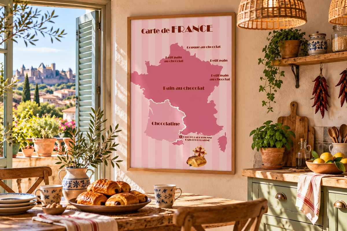 Affiche Carte de France Chocolatine encadrée dans une cuisine chaleureuse esprit Sud, décoration murale rétro et humoristique
