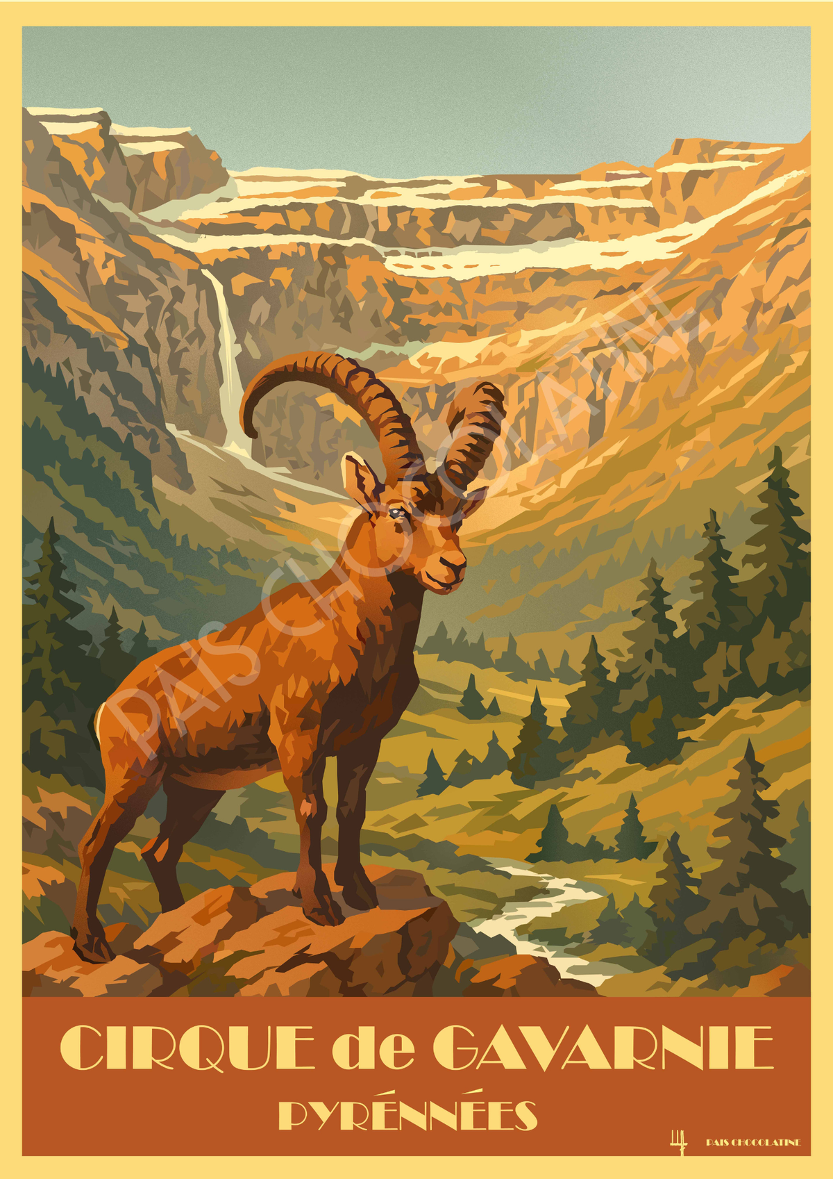 Affiche vintage Cirque de Gavarnie – paysage des Pyrénées et cascade – Pais Chocolatine