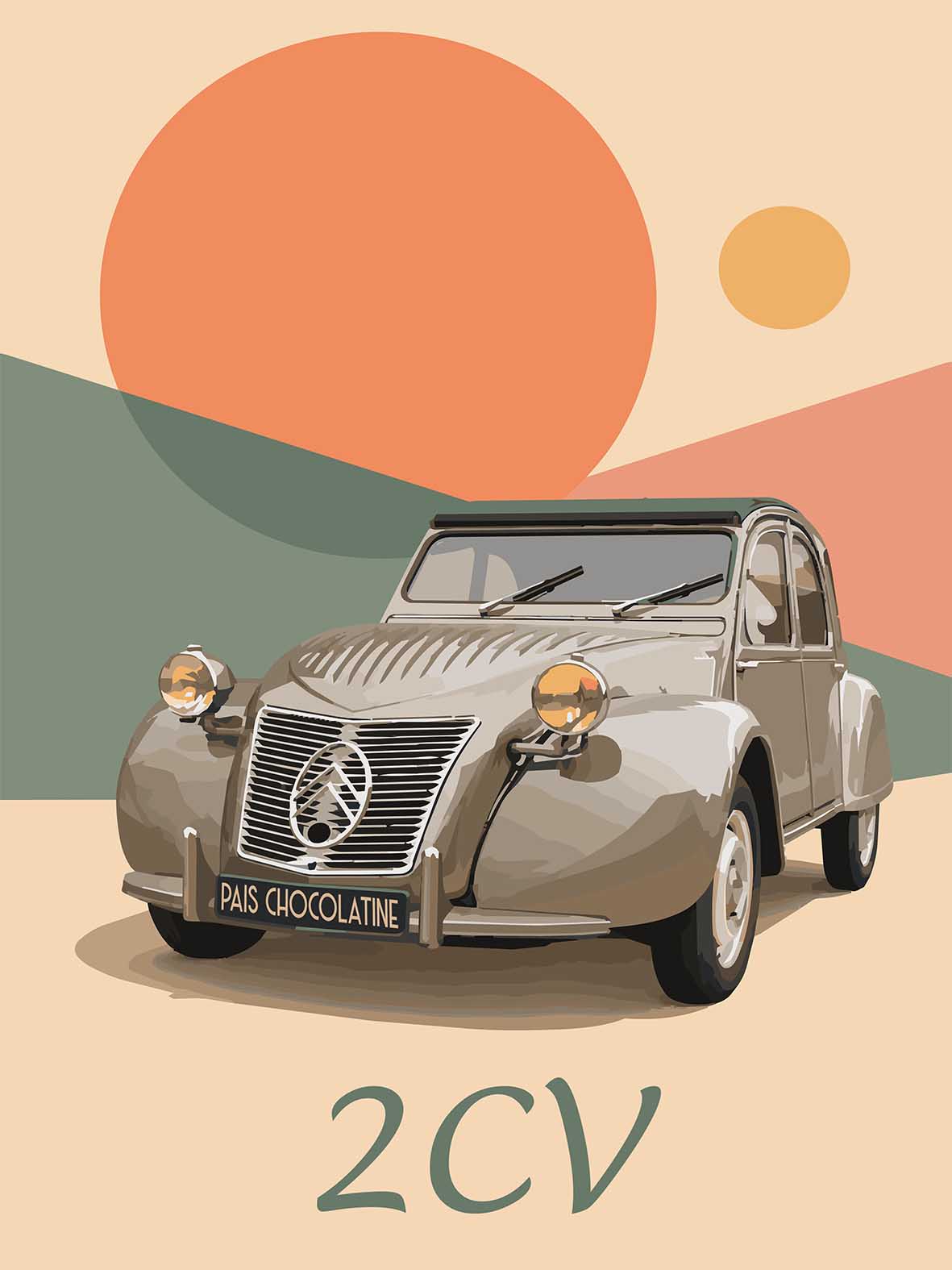 Affiche vintage Citroën 2CV gris taupe, illustration rétro années 50 avec paysage géométrique et soleil orangé, création Pais Chocolatine.
