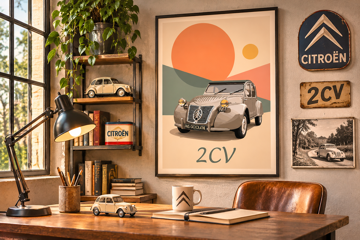 Affiche Citroën 2CV vintage encadrée dans un bureau élégant inspiré de l'univers automobile français, décoration rétro Pais Chocolatine.