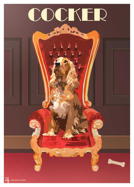 Affiche Cocker vintage représentant un chien majestueux assis sur un trône baroque rouge et or, décoration originale pour amoureux des chiens