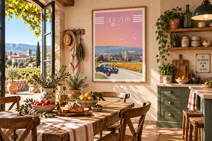 Poster vintage Douzens dans une cuisine campagnarde du Sud, ambiance provençale avec bois, olivier, lumière naturelle et décoration rétro – Pais Chocolatine