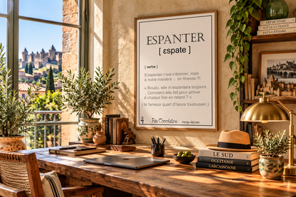 Affiche Espanter encadrée dans un bureau chaleureux esprit Sud de la France, décoration murale inspirée des expressions occitanes