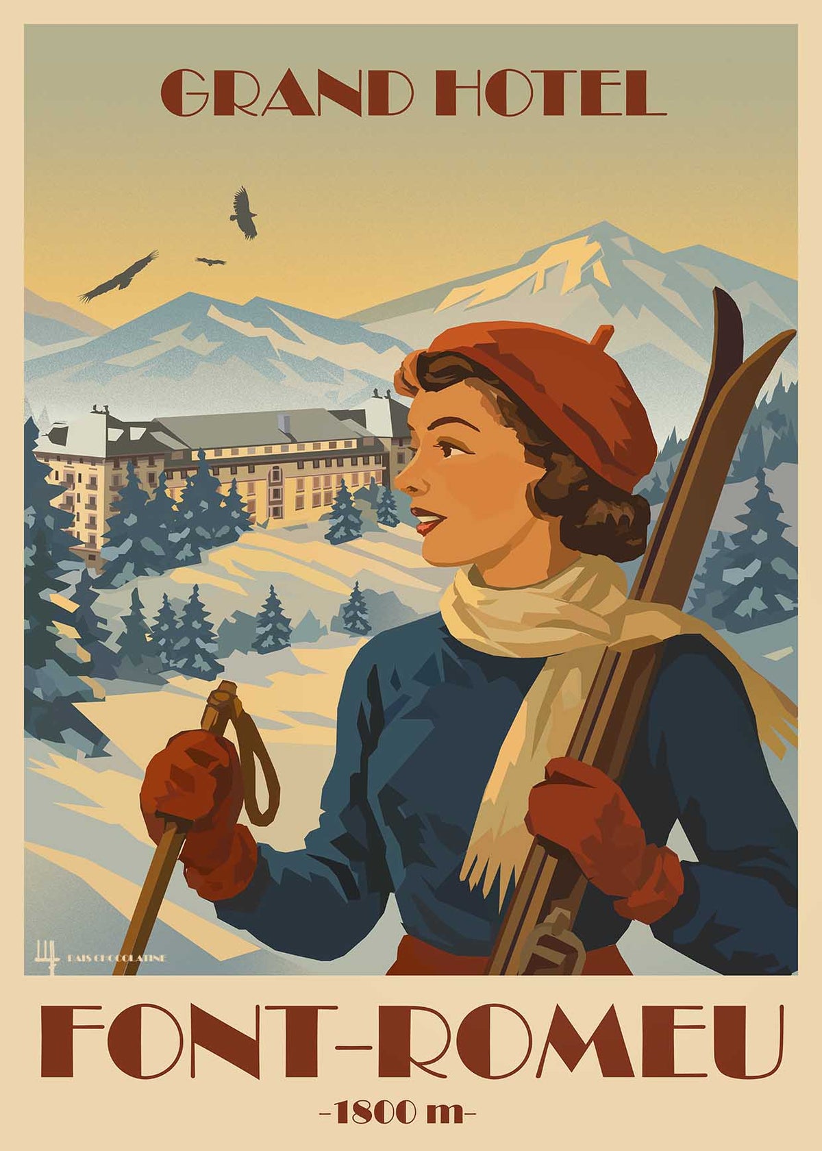 Affiche vintage Font-Romeu, skieuse devant le Grand Hôtel et les sommets enneigés des Pyrénées catalanes – illustration Pais Chocolatine