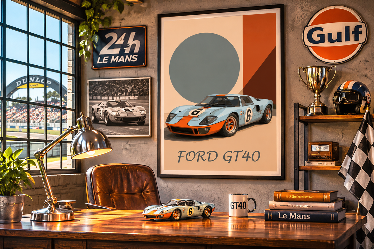 Affiche Ford GT40 encadrée dans un intérieur élégant, décoration murale vintage inspirée des voitures de course des années 60.