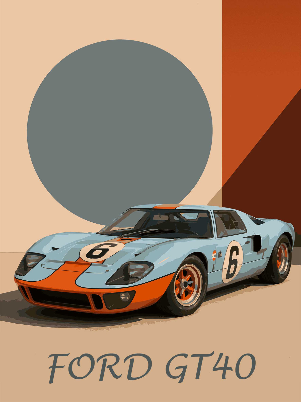 Affiche vintage Ford GT40, voiture de course américaine mythique des 24 Heures du Mans, illustration rétro des années 60 par Pais Chocolatine.