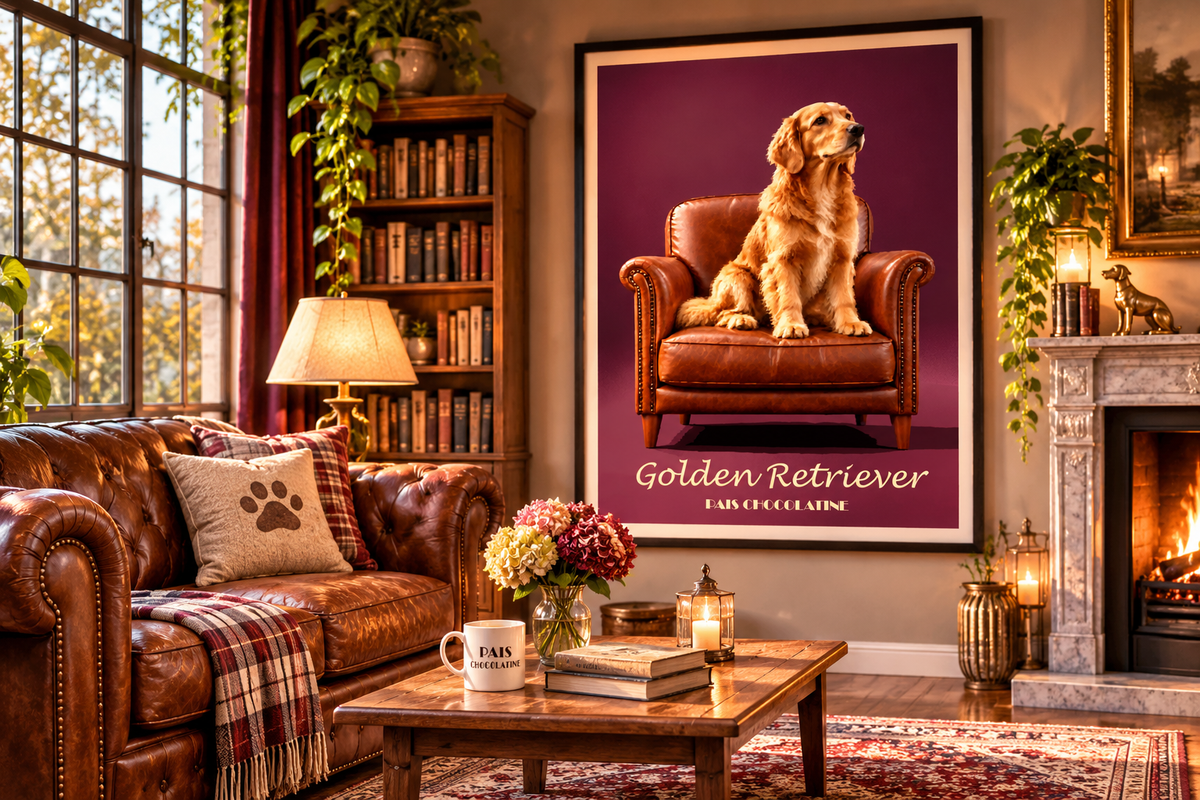 Affiche Golden Retriever encadrée dans un intérieur chaleureux, décoration murale vintage pour les amoureux des chiens.