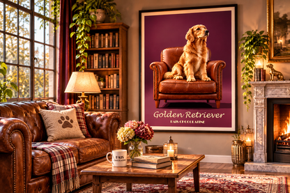 Affiche Golden Retriever encadrée dans un intérieur chaleureux, décoration murale vintage pour les amoureux des chiens.