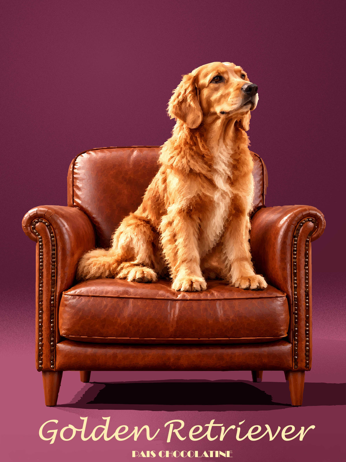 Affiche vintage Golden Retriever, portrait d'un chien au pelage doré et au regard expressif, illustration rétro originale Pais Chocolatine.