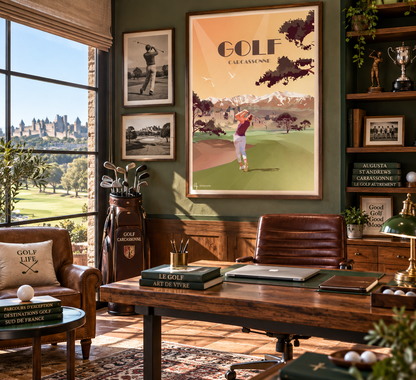 Affiche Golf Carcassonne vintage encadrée dans un bureau élégant ambiance golf – décoration murale Pais Chocolatine
