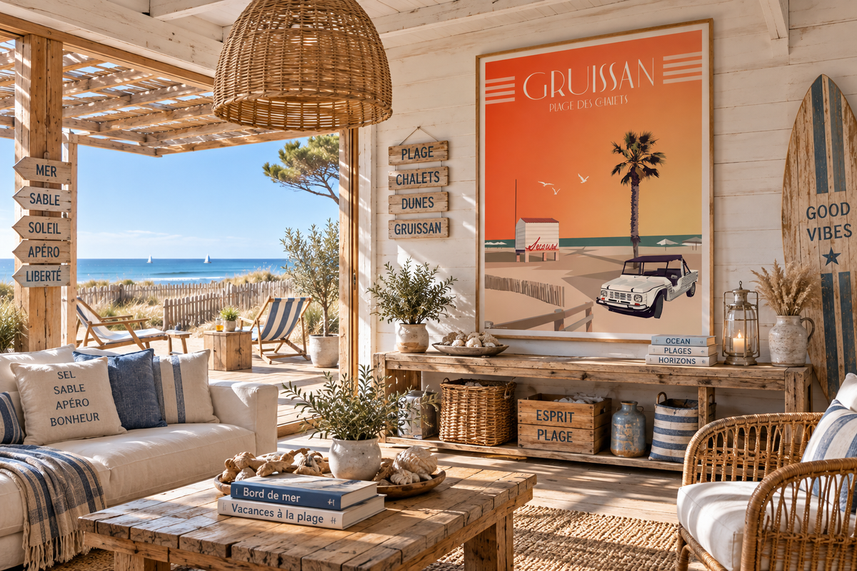 Affiche vintage Plage des Chalets à Gruissan dans un salon bord de mer – ambiance vacances méditerranéennes Pais Chocolatine