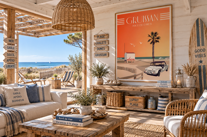 Affiche vintage Plage des Chalets à Gruissan dans un salon bord de mer – ambiance vacances méditerranéennes Pais Chocolatine