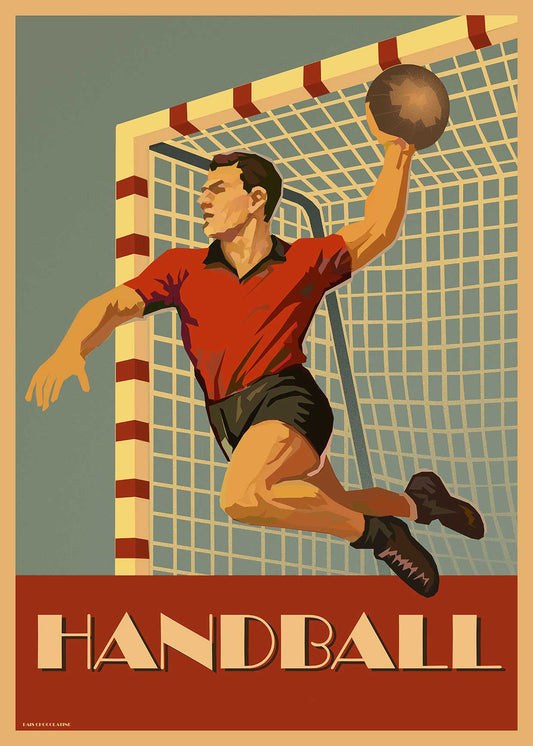 Affiche Handball vintage avec joueur en plein tir – poster sportif rétro Pais Chocolatine