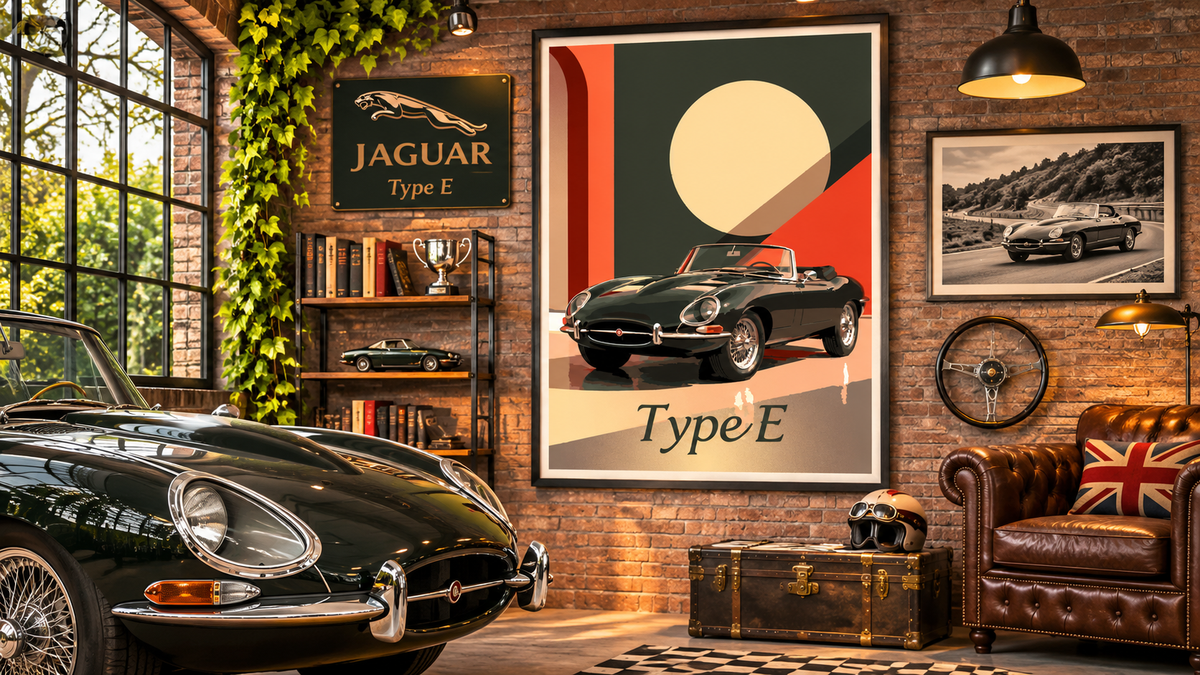 Affiche Jaguar Type E encadrée dans un intérieur élégant, décoration murale vintage inspirée des voitures de sport britanniques des années 60.