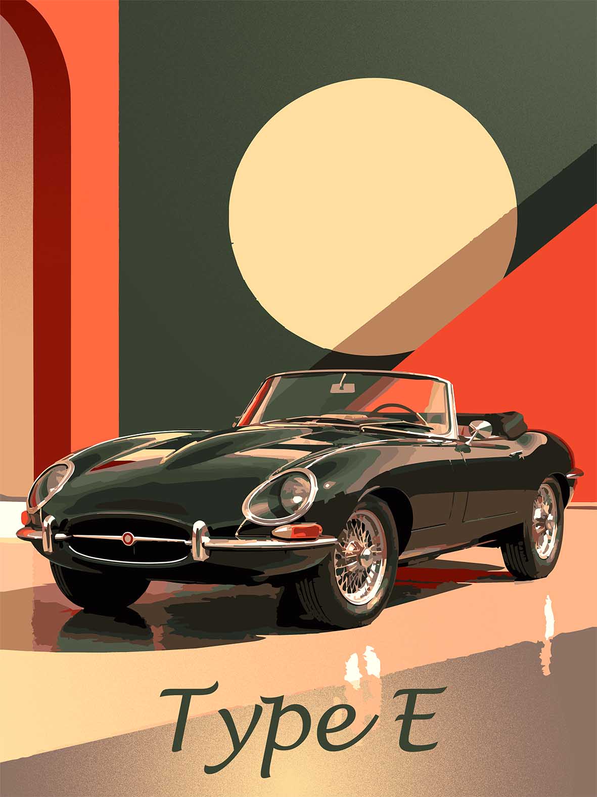 Affiche vintage Jaguar Type E, voiture de sport britannique mythique des années 60, illustration automobile rétro signée Pais Chocolatine.