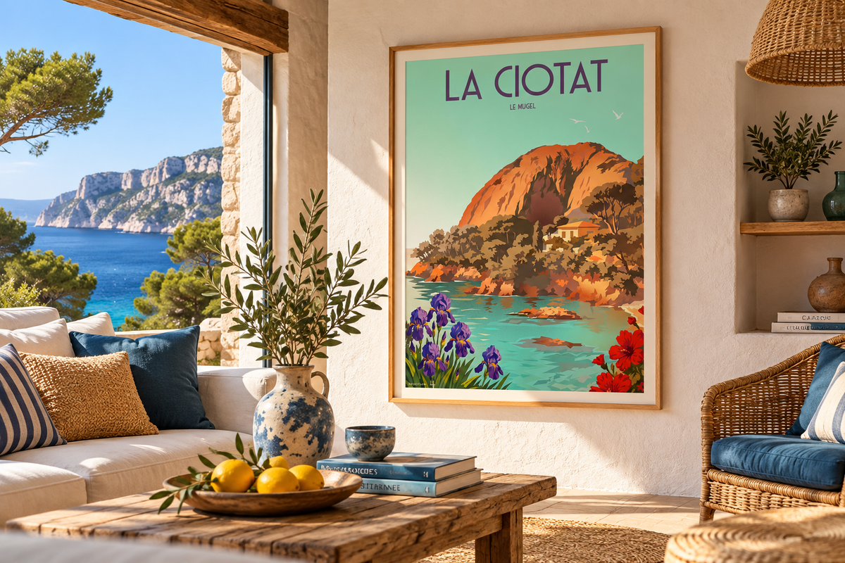 Affiche vintage La Ciotat Le Mugel présentée dans un intérieur méditerranéen inspiré des calanques