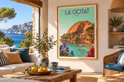 Affiche vintage La Ciotat Le Mugel présentée dans un intérieur méditerranéen inspiré des calanques