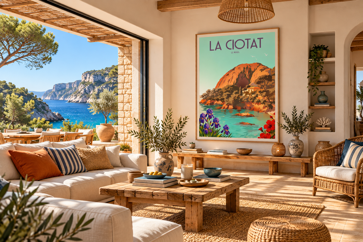 Affiche La Ciotat vintage dans un salon lumineux esprit Méditerranée avec vue sur les calanques et la mer