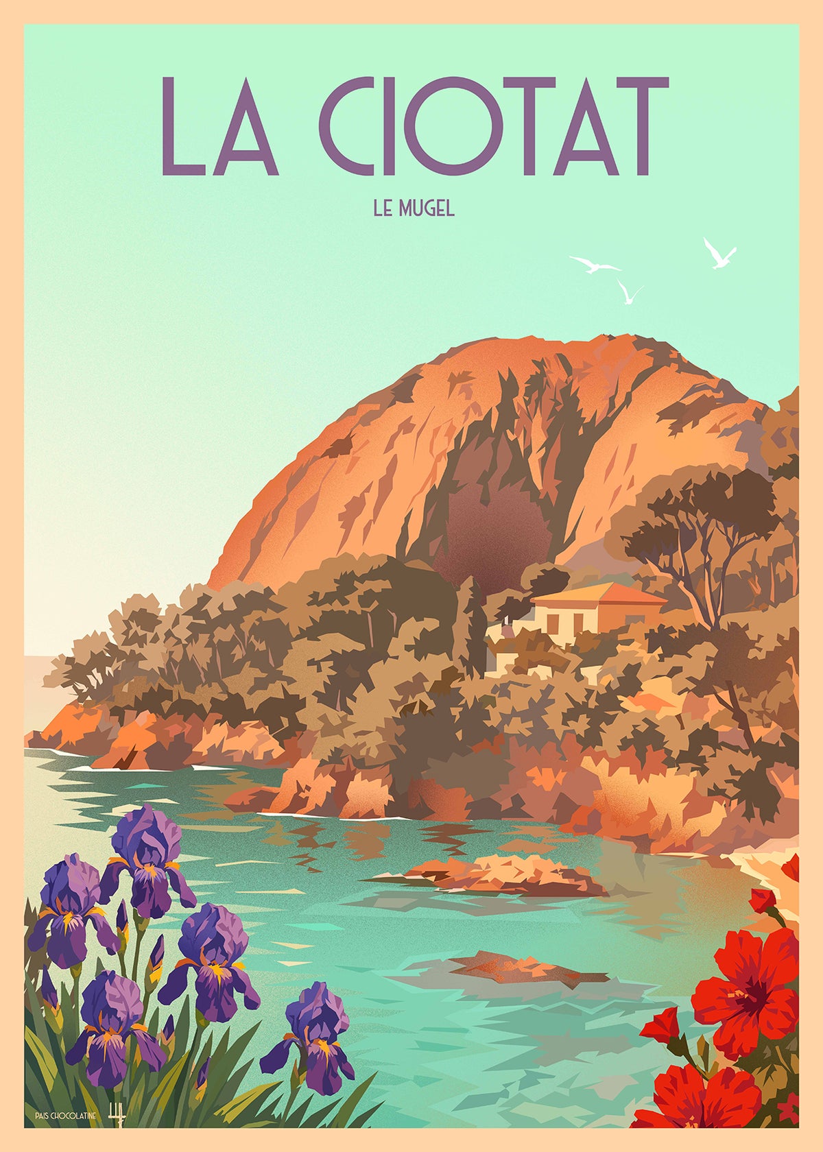 Affiche La Ciotat vintage représentant Le Mugel, ses rochers, la végétation méditerranéenne et la mer turquoise