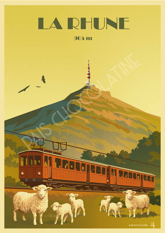 Affiche vintage La Rhune 905 m – train à crémaillère et montagne du Pays Basque – Pais Chocolatine