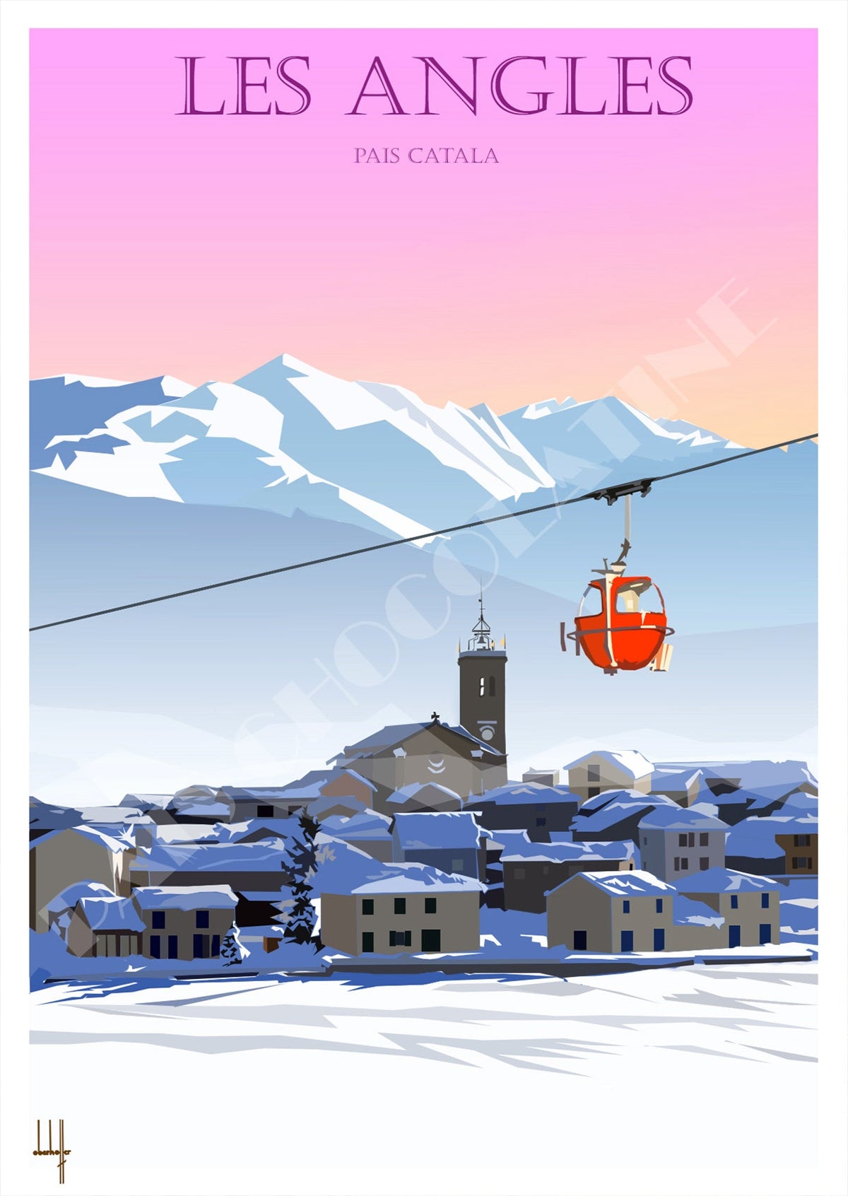 Affiche vintage Les Angles – ecrin hivernal en Pays Catalan, station de ski des Pyrenees – Pais Chocolatine