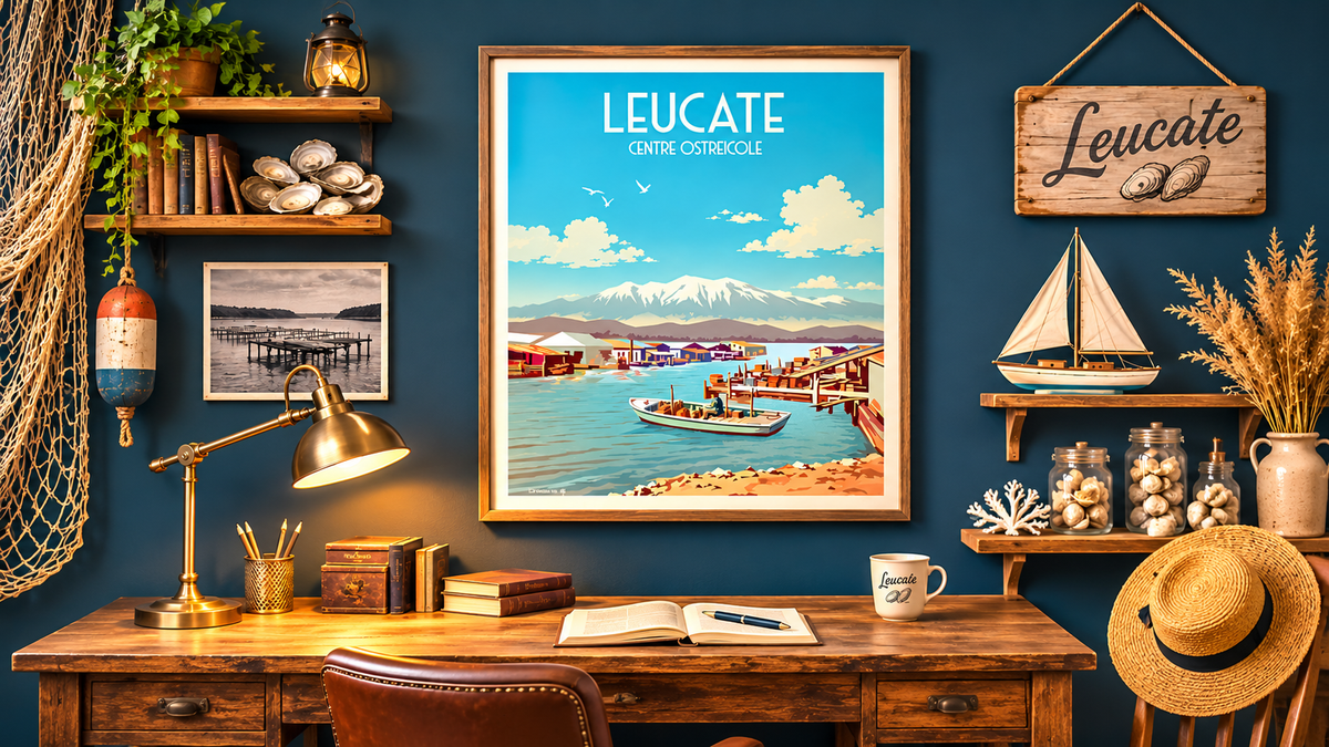 Affiche Leucate Centre Ostréicole dans un bureau méditerranéen, décoration murale vintage esprit bord de mer
