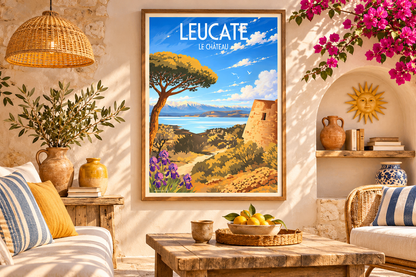 Affiche vintage Leucate Le Château encadrée dans un salon esprit du Sud avec murs en pierre et décoration méditerranéenne