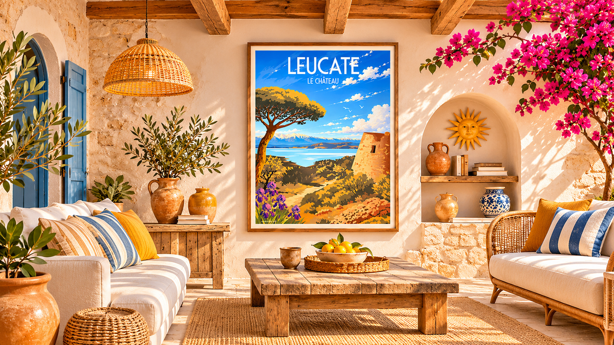 Affiche Leucate Le Château dans un salon lumineux avec poutres apparentes, mobilier naturel et ambiance du Sud de la France