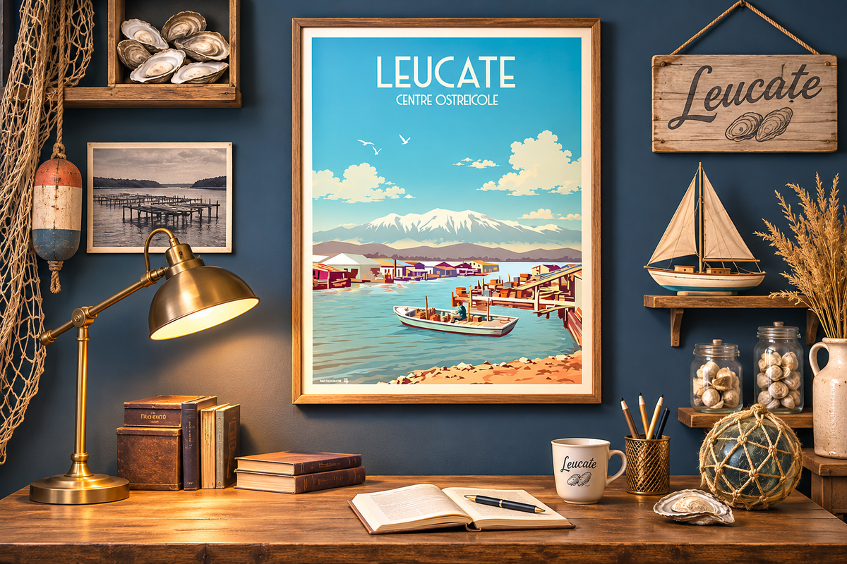 Affiche vintage Leucate Centre Ostréicole encadrée dans un bureau décoration bord de mer avec objets marins