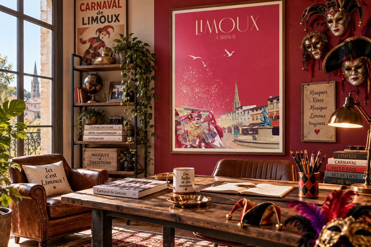 Affiche Carnaval de Limoux vintage encadrée dans un bureau ambiance festive – décoration murale Pais Chocolatine