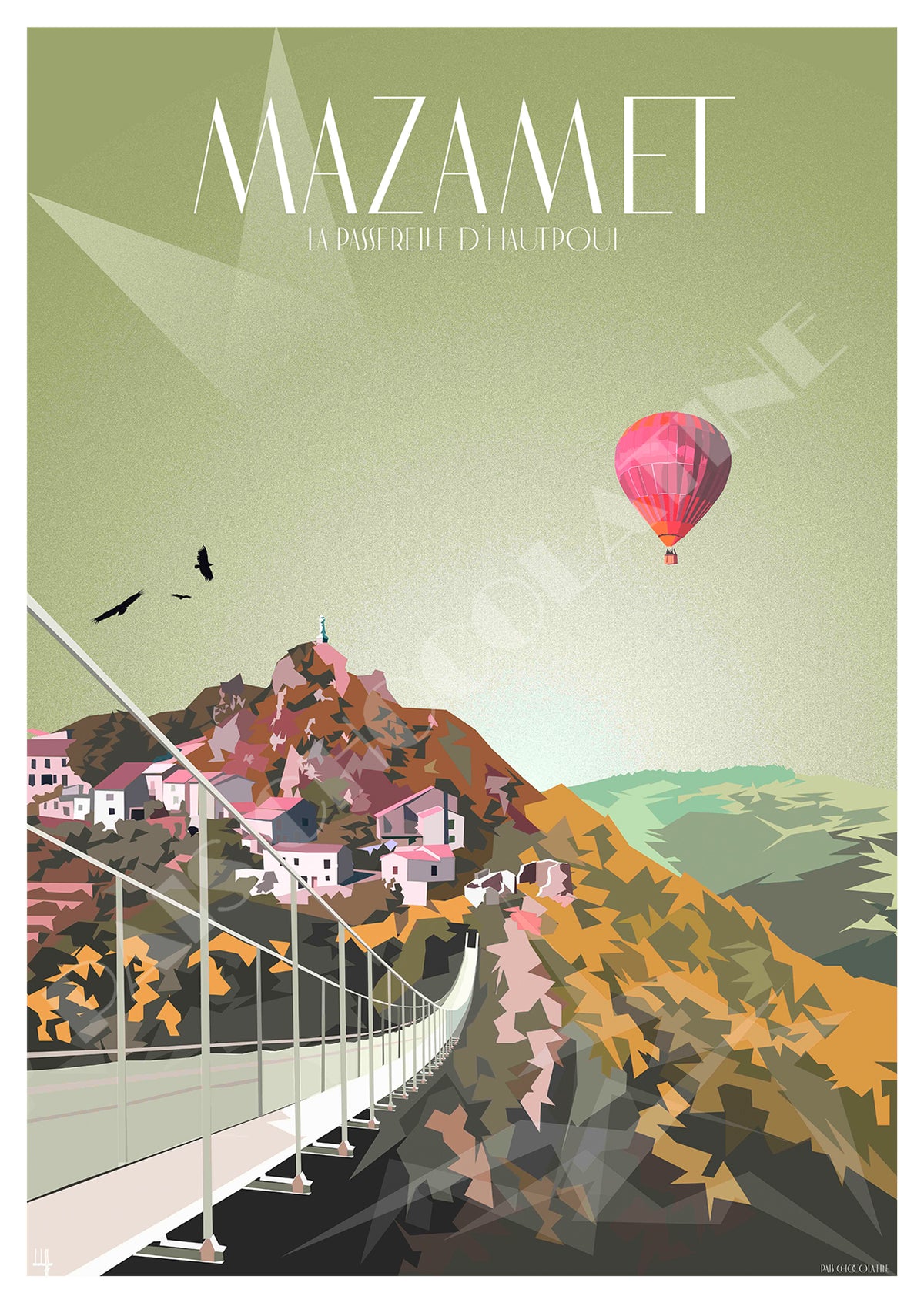 Affiche vintage Mazamet avec la passerelle d’Hautpoul et le village médiéval dans le Tarn