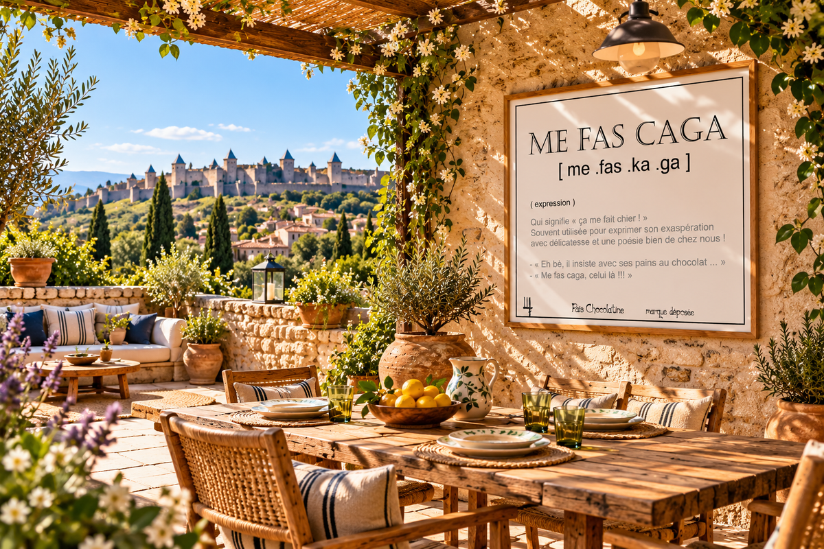 Affiche Me Fas Caga présentée sur une terrasse ensoleillée esprit Occitanie, décoration murale humoristique du Sud de la France