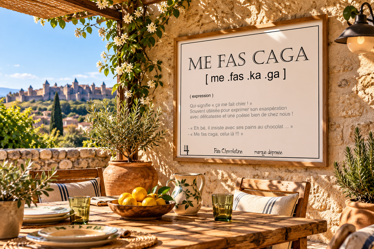 Affiche Me Fas Caga encadrée sur une terrasse méditerranéenne, décoration humoristique inspirée des expressions occitanes