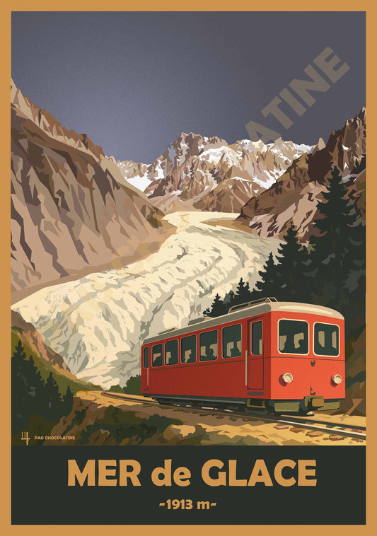 Affiche vintage Mer de Glace à Chamonix – train du Montenvers et glacier du Mont-Blanc – Pais Chocolatine
