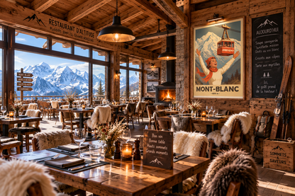 Affiche vintage Mont-Blanc en situation dans un intérieur alpin – poster rétro montagne, Chamonix et téléphérique du Brévent, Pais Chocolatine