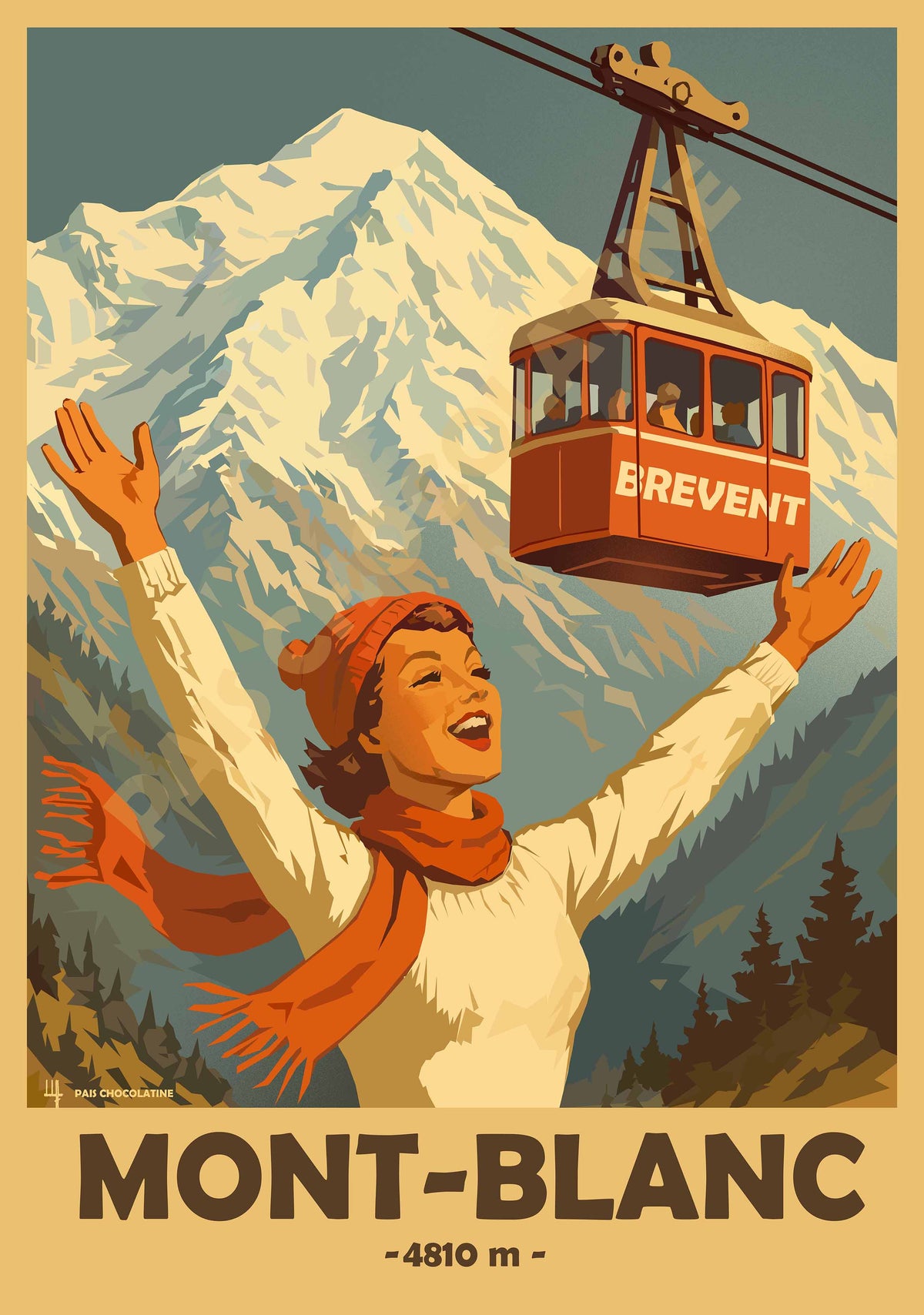 Affiche vintage Mont-Blanc à Chamonix, téléphérique du Brévent face au sommet des Alpes – illustration montagne Pais Chocolatine